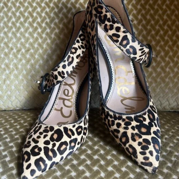 Sam Edelman Nude Leopard Print Cow Fur Hinda Jewel Buckle Strap Pumps NEW - Picture 7 of 16
